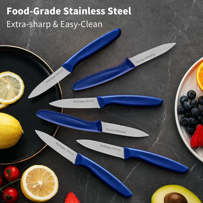 Stainless Steel Paring Knife With Serrated Blade, 6 Pieces Set Vegetable and Fruit Knife, Ultra Sharp Small Kitchen Knife, Black Paring Knives with PP Plastic Ergonomic Handle.