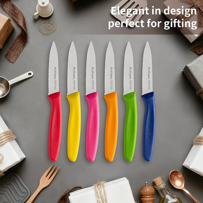 Stainless Steel Paring Knife With Serrated Blade, 6 Pieces Set Vegetable and Fruit Knife, Ultra Sharp Small Kitchen Knife, Black Paring Knives with PP Plastic Ergonomic Handle.