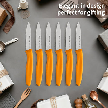 Stainless Steel Paring Knife With Serrated Blade, 6 Pieces Set Vegetable and Fruit Knife, Ultra Sharp Small Kitchen Knife, Black Paring Knives with PP Plastic Ergonomic Handle.