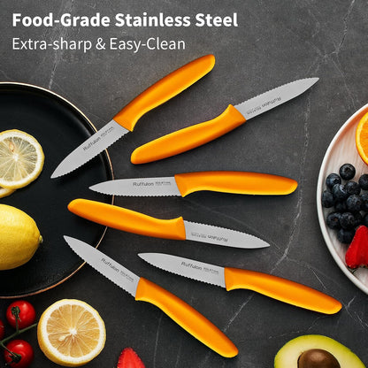 Stainless Steel Paring Knife With Serrated Blade, 6 Pieces Set Vegetable and Fruit Knife, Ultra Sharp Small Kitchen Knife, Black Paring Knives with PP Plastic Ergonomic Handle.