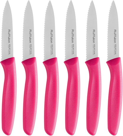 Stainless Steel Paring Knife With Serrated Blade, 6 Pieces Set Vegetable and Fruit Knife, Ultra Sharp Small Kitchen Knife, Black Paring Knives with PP Plastic Ergonomic Handle.