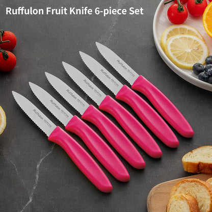 Stainless Steel Paring Knife With Serrated Blade, 6 Pieces Set Vegetable and Fruit Knife, Ultra Sharp Small Kitchen Knife, Black Paring Knives with PP Plastic Ergonomic Handle.