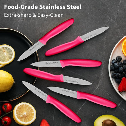 Stainless Steel Paring Knife With Serrated Blade, 6 Pieces Set Vegetable and Fruit Knife, Ultra Sharp Small Kitchen Knife, Black Paring Knives with PP Plastic Ergonomic Handle.