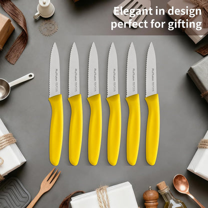 Stainless Steel Paring Knife With Serrated Blade, 6 Pieces Set Vegetable and Fruit Knife, Ultra Sharp Small Kitchen Knife, Black Paring Knives with PP Plastic Ergonomic Handle.