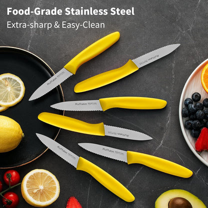 Stainless Steel Paring Knife With Serrated Blade, 6 Pieces Set Vegetable and Fruit Knife, Ultra Sharp Small Kitchen Knife, Black Paring Knives with PP Plastic Ergonomic Handle.