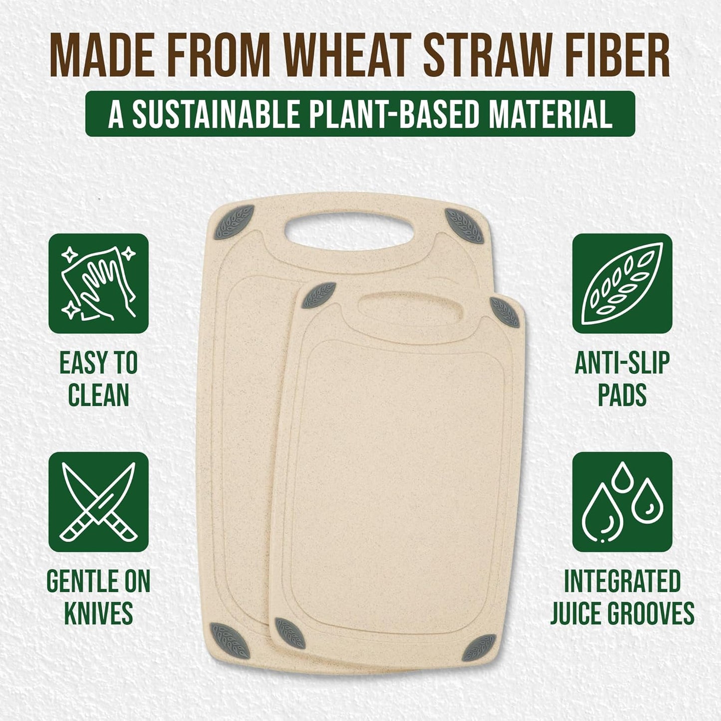 2-Piece Reversible Cutting Board Set Made with Natural Wheat Straw Fiber, Eco-Conscious Food Safe Kitchen Essentials, Gluten Free & BPA Free Chopping Boards for Kitchen