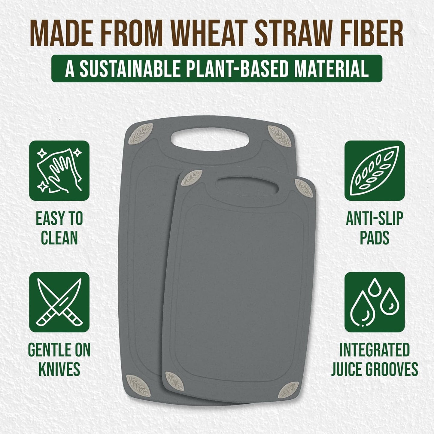 2-Piece Reversible Cutting Board Set Made with Natural Wheat Straw Fiber, Eco-Conscious Food Safe Kitchen Essentials, Gluten Free & BPA Free Chopping Boards for Kitchen