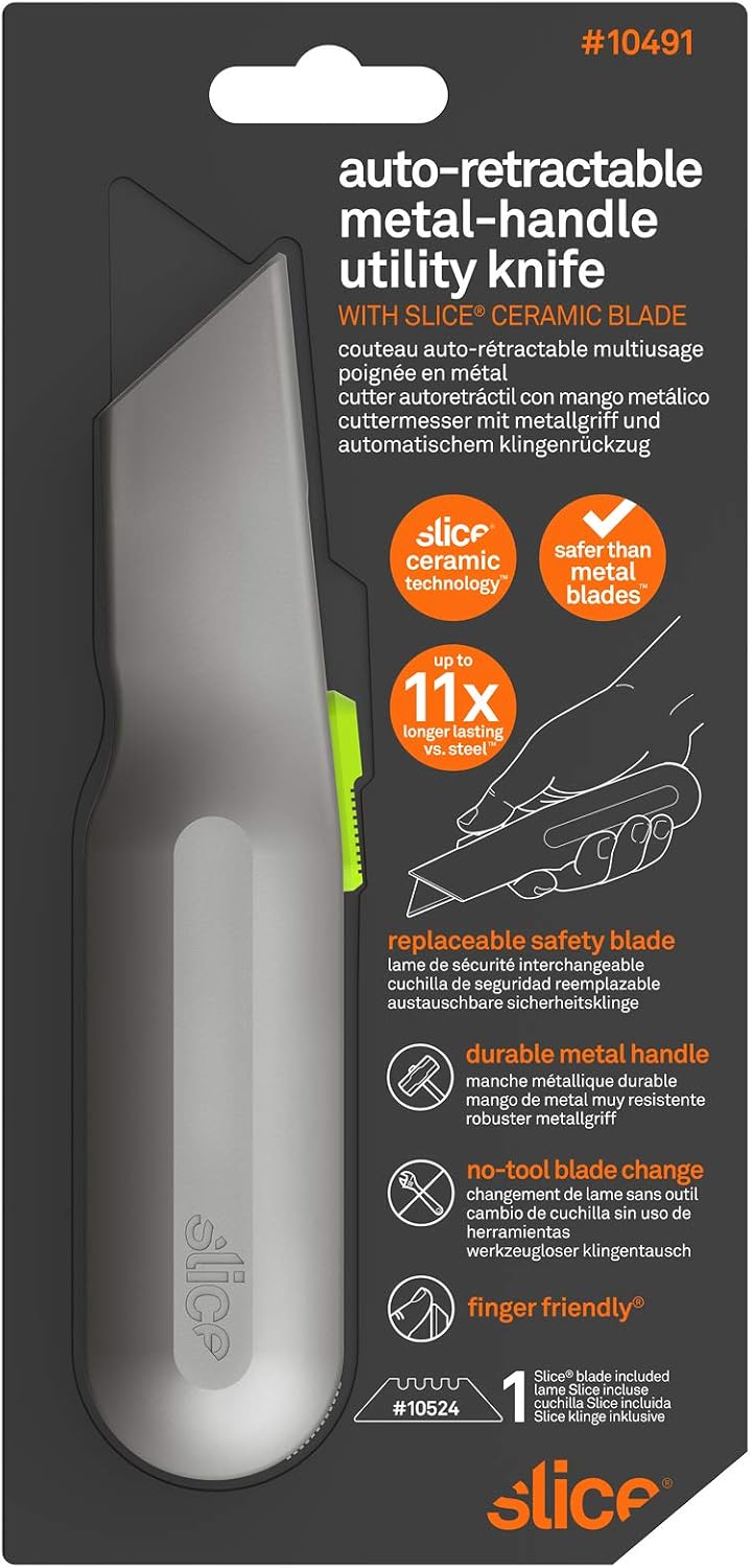 Metal-Handle Utility Knife, Finger Friendly Ceramic Blade, Auto Retracts for Safety, Heavy Metal Handle, Comfortable Grip, Stores Extra Blade, Ambidextrous, Easy Blade Change