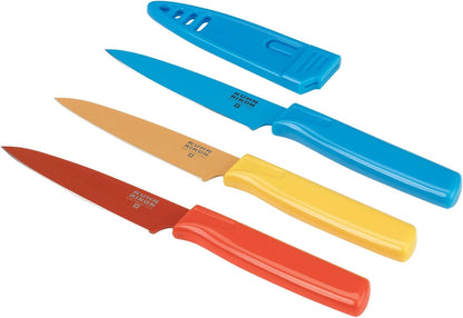 Straight Paring Knife with Safety Sheath, 4 inch/10.16 cm Blade, Red, Yellow & Blue (Pack of 1)