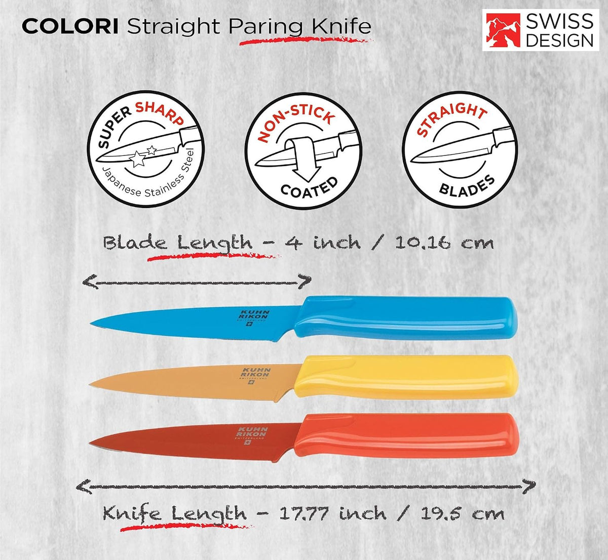 Straight Paring Knife with Safety Sheath, 4 inch/10.16 cm Blade, Red, Yellow & Blue (Pack of 1)