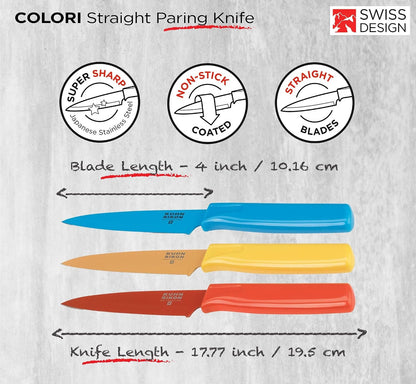 Straight Paring Knife with Safety Sheath, 4 inch/10.16 cm Blade, Red, Yellow & Blue (Pack of 1)