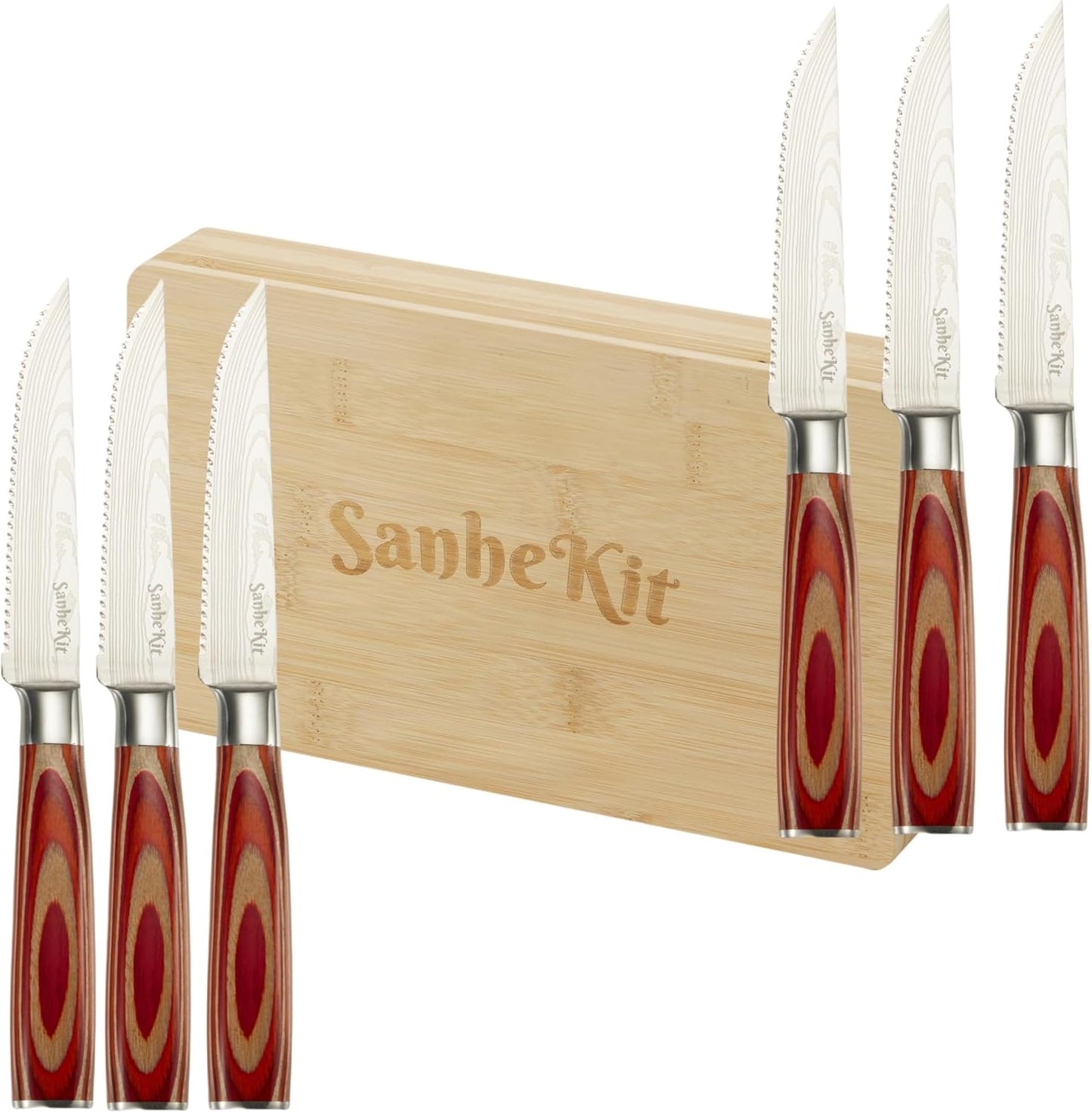 Steak Knives Set, 6/8/14 Piece Options, German High Carbon Stainless Steel, 5cr15 steel, Wood Handle,Full Tang Design,serrated Meat Knife, Sharp Dinner Knives (6PCS with Bamboo Box（red)）