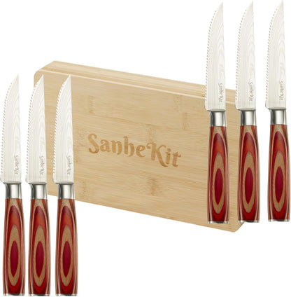 Steak Knives Set, 6/8/14 Piece Options, German High Carbon Stainless Steel, 5cr15 steel, Wood Handle,Full Tang Design,serrated Meat Knife, Sharp Dinner Knives (6PCS with Bamboo Box（red)）