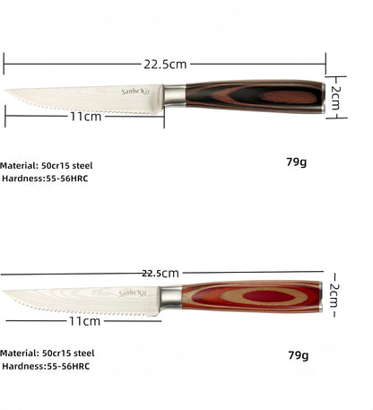 Steak Knives Set, 6/8/14 Piece Options, German High Carbon Stainless Steel, 5cr15 steel, Wood Handle,Full Tang Design,serrated Meat Knife, Sharp Dinner Knives (6PCS with Bamboo Box（red)）