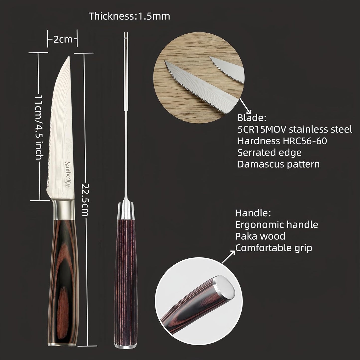 Steak Knives Set, 6/8/14 Piece Options, German High Carbon Stainless Steel, 5cr15 steel, Wood Handle,Full Tang Design,serrated Meat Knife, Sharp Dinner Knives (6PCS with Bamboo Box（red)）