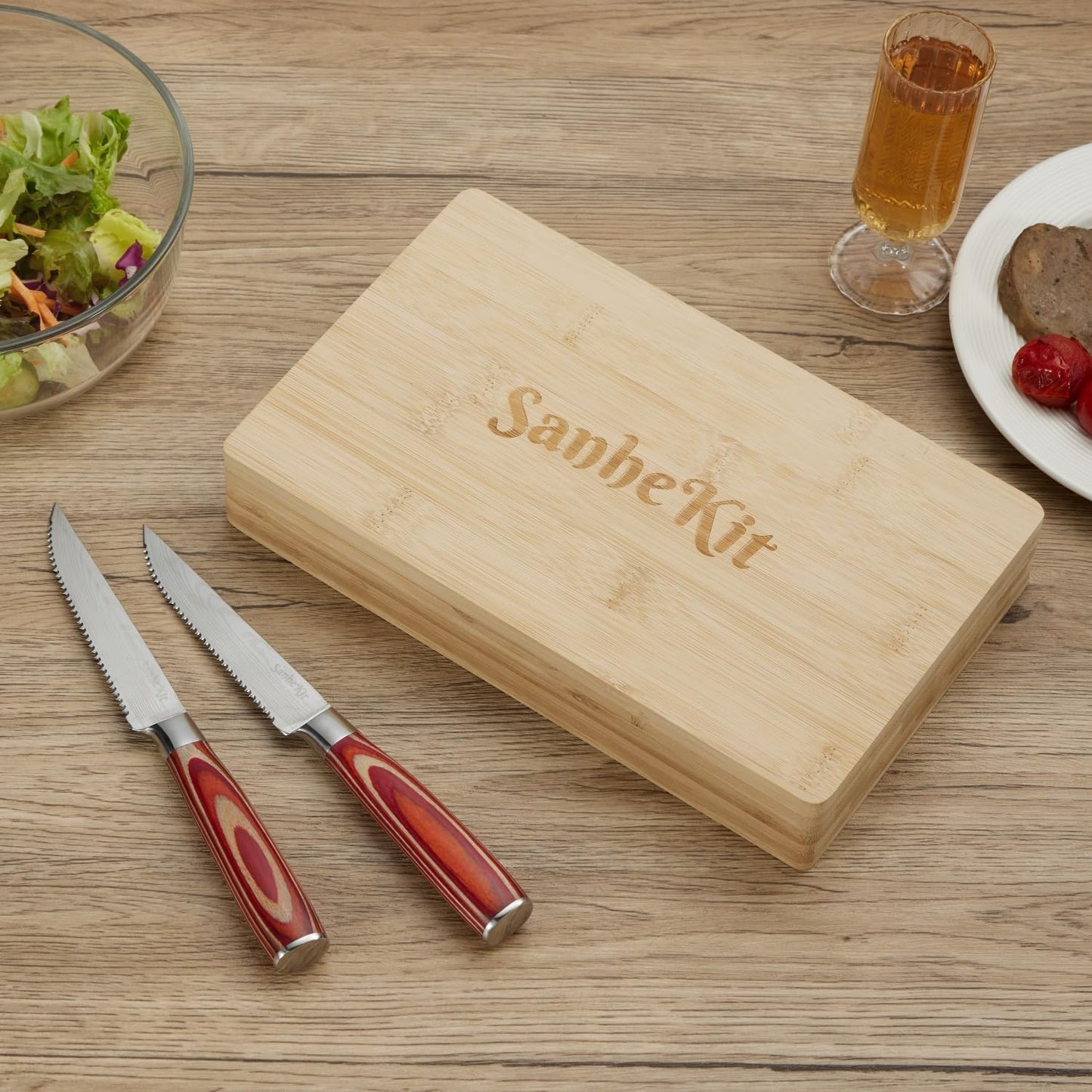 Steak Knives Set, 6/8/14 Piece Options, German High Carbon Stainless Steel, 5cr15 steel, Wood Handle,Full Tang Design,serrated Meat Knife, Sharp Dinner Knives (6PCS with Bamboo Box（red)）