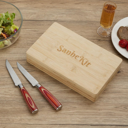 Steak Knives Set, 6/8/14 Piece Options, German High Carbon Stainless Steel, 5cr15 steel, Wood Handle,Full Tang Design,serrated Meat Knife, Sharp Dinner Knives (6PCS with Bamboo Box（red)）