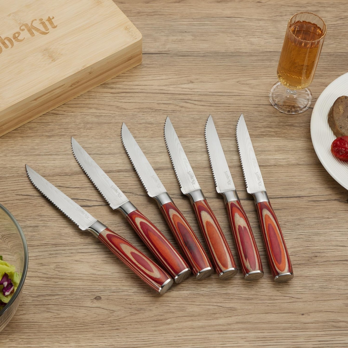 Steak Knives Set, 6/8/14 Piece Options, German High Carbon Stainless Steel, 5cr15 steel, Wood Handle,Full Tang Design,serrated Meat Knife, Sharp Dinner Knives (6PCS with Bamboo Box（red)）