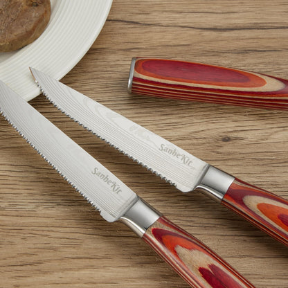 Steak Knives Set, 6/8/14 Piece Options, German High Carbon Stainless Steel, 5cr15 steel, Wood Handle,Full Tang Design,serrated Meat Knife, Sharp Dinner Knives (6PCS with Bamboo Box（red)）