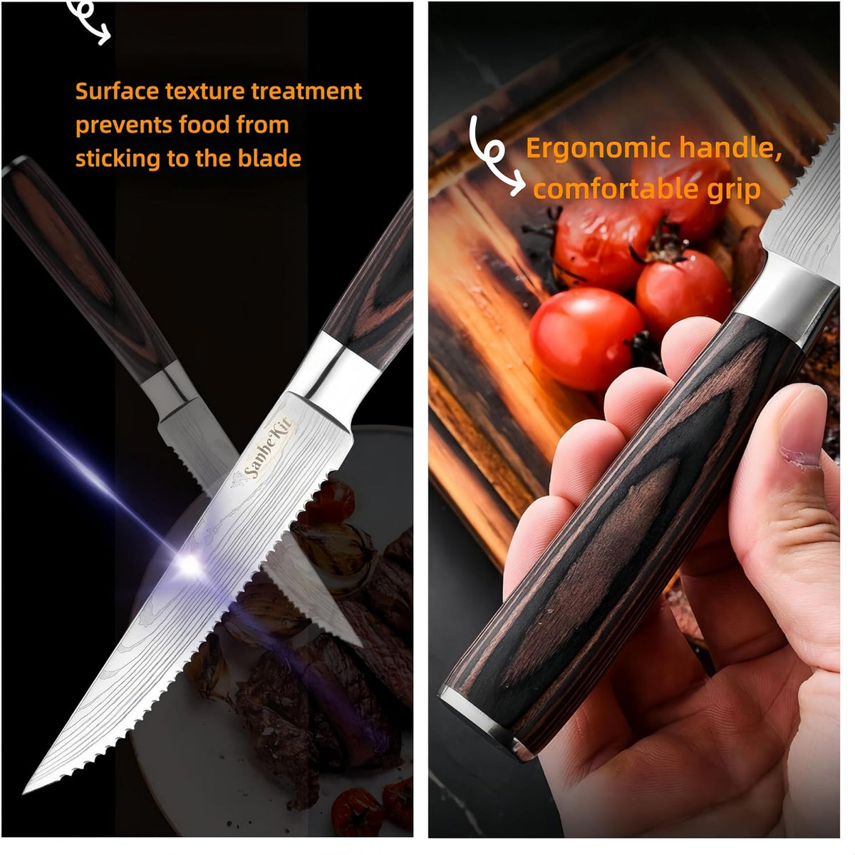 Steak Knives Set, 6/8/14 Piece Options, German High Carbon Stainless Steel, 5cr15 steel, Wood Handle,Full Tang Design,serrated Meat Knife, Sharp Dinner Knives (6PCS with Bamboo Box（red)）
