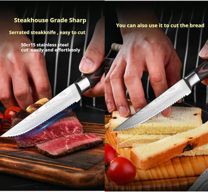 Steak Knives Set, 6/8/14 Piece Options, German High Carbon Stainless Steel, 5cr15 steel, Wood Handle,Full Tang Design,serrated Meat Knife, Sharp Dinner Knives (6PCS with Bamboo Box（red)）