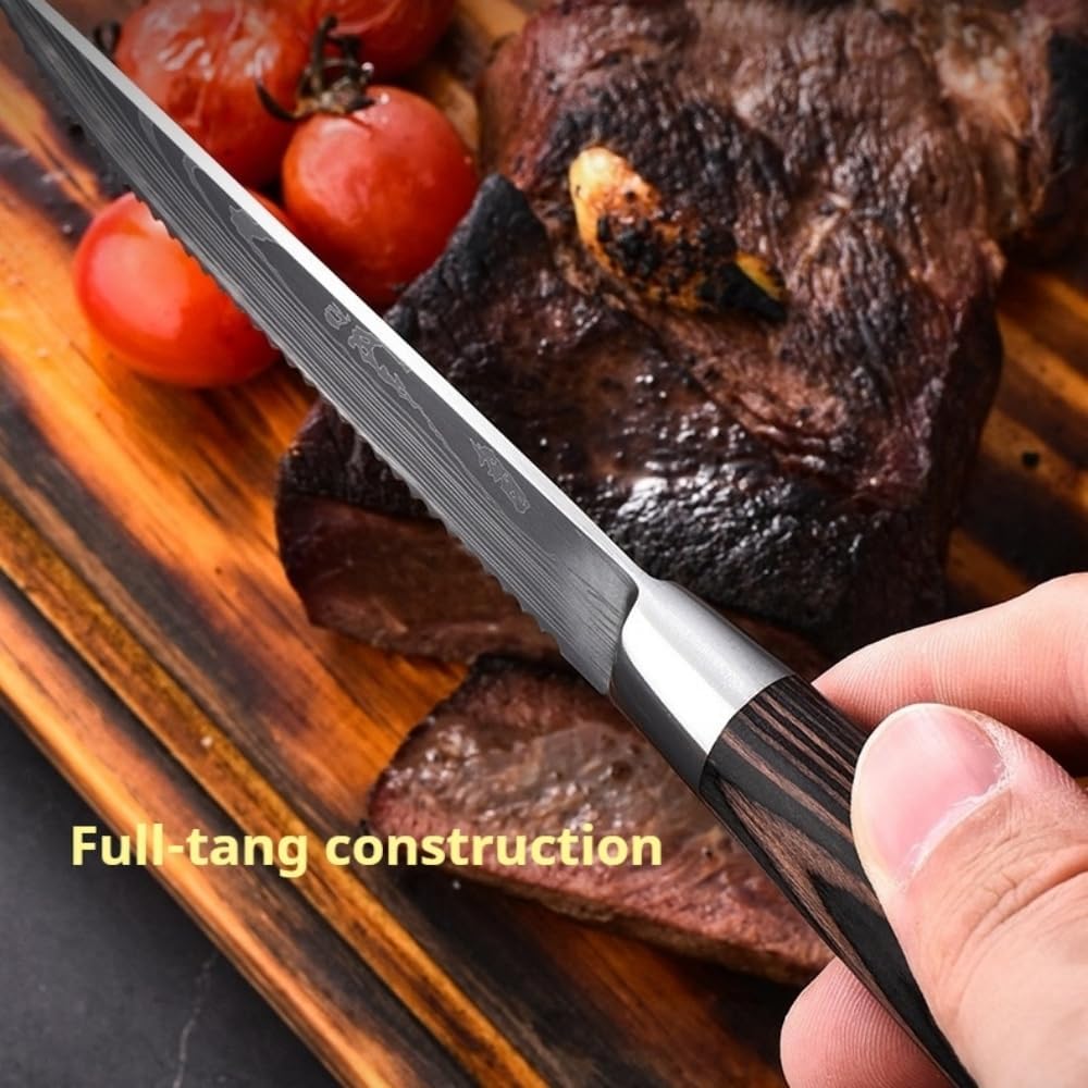 Steak Knives Set, 6/8/14 Piece Options, German High Carbon Stainless Steel, 5cr15 steel, Wood Handle,Full Tang Design,serrated Meat Knife, Sharp Dinner Knives (6PCS with Bamboo Box（red)）