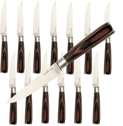 Steak Knives Set, 6/8/14 Piece Options, German High Carbon Stainless Steel, 5cr15 steel, Wood Handle,Full Tang Design,serrated Meat Knife, Sharp Dinner Knives (6PCS with Bamboo Box（red)）