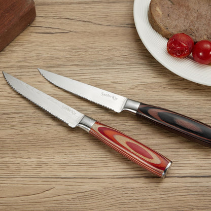 Steak Knives Set, 6/8/14 Piece Options, German High Carbon Stainless Steel, 5cr15 steel, Wood Handle,Full Tang Design,serrated Meat Knife, Sharp Dinner Knives (6PCS with Bamboo Box（red)）
