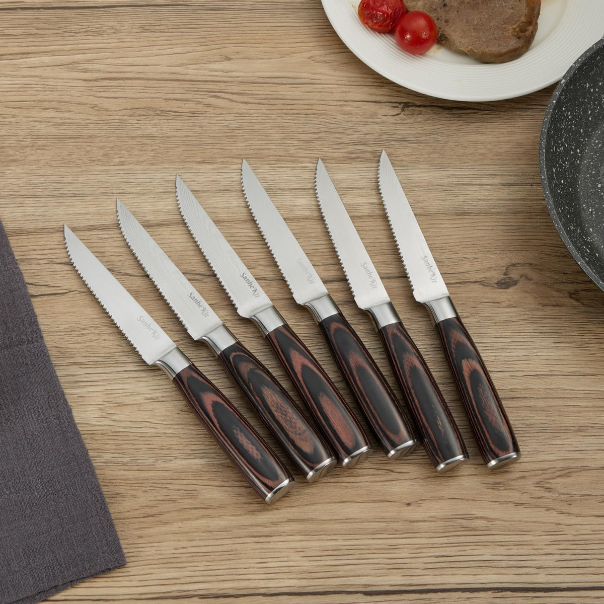 Steak Knives Set, 6/8/14 Piece Options, German High Carbon Stainless Steel, 5cr15 steel, Wood Handle,Full Tang Design,serrated Meat Knife, Sharp Dinner Knives (6PCS with Bamboo Box（red)）