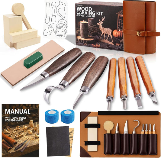 Wood Carving Kit Whittling Kit: Wood Carving Knife Tools with Leather Case | Woodworking Hobby Kit for Beginners Adult Kids, Relaxing Creative Projects, DIY Art Craft Gift for Men Teens
