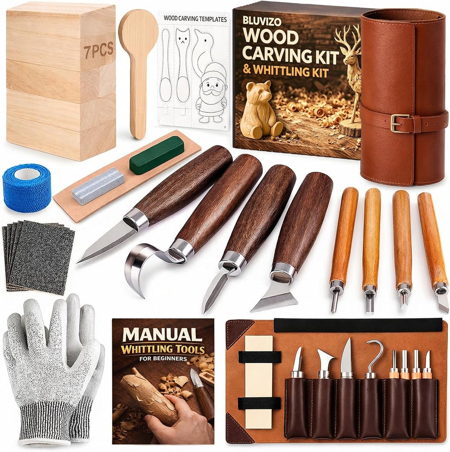 Wood Carving Kit Whittling Kit: Wood Carving Knife Tools with Leather Case | Woodworking Hobby Kit for Beginners Adult Kids, Relaxing Creative Projects, DIY Art Craft Gift for Men Teens