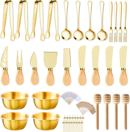 49Pcs Gold Charcuterie Boards Accessories Mini Charcuterie Utensils Cheese Butter Spreader Knives Stainless Steel Cutlery Tongs Spoons Forks Bowls Wooden Toothpicks for Kitchen Wedding Christmas Gift