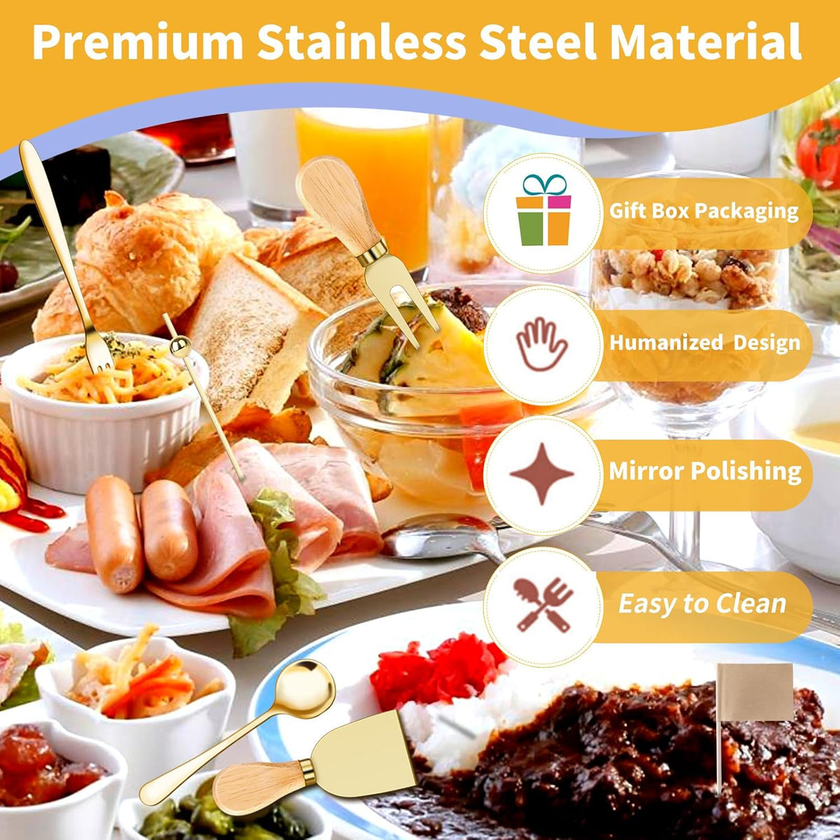 49Pcs Gold Charcuterie Boards Accessories Mini Charcuterie Utensils Cheese Butter Spreader Knives Stainless Steel Cutlery Tongs Spoons Forks Bowls Wooden Toothpicks for Kitchen Wedding Christmas Gift