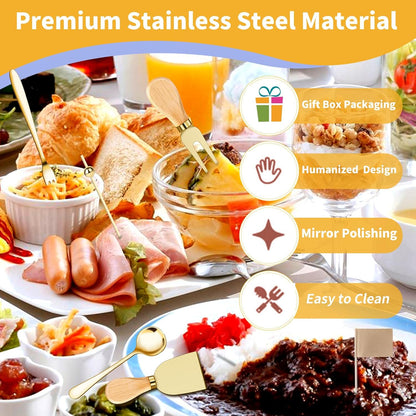 49Pcs Gold Charcuterie Boards Accessories Mini Charcuterie Utensils Cheese Butter Spreader Knives Stainless Steel Cutlery Tongs Spoons Forks Bowls Wooden Toothpicks for Kitchen Wedding Christmas Gift