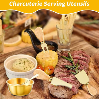 49Pcs Gold Charcuterie Boards Accessories Mini Charcuterie Utensils Cheese Butter Spreader Knives Stainless Steel Cutlery Tongs Spoons Forks Bowls Wooden Toothpicks for Kitchen Wedding Christmas Gift