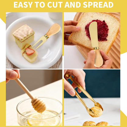 49Pcs Gold Charcuterie Boards Accessories Mini Charcuterie Utensils Cheese Butter Spreader Knives Stainless Steel Cutlery Tongs Spoons Forks Bowls Wooden Toothpicks for Kitchen Wedding Christmas Gift