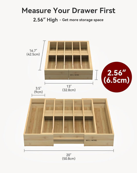 Expandable Utensil Drawer Organizer for Silverware,Bamboo 12 Slot | V-Groove & Anti-Slip Blocks, Vertical Storage,16.7" D x 13”-20" Wx 2.56" H, Cutlery Holder Dividers for Spoons Forks Knives