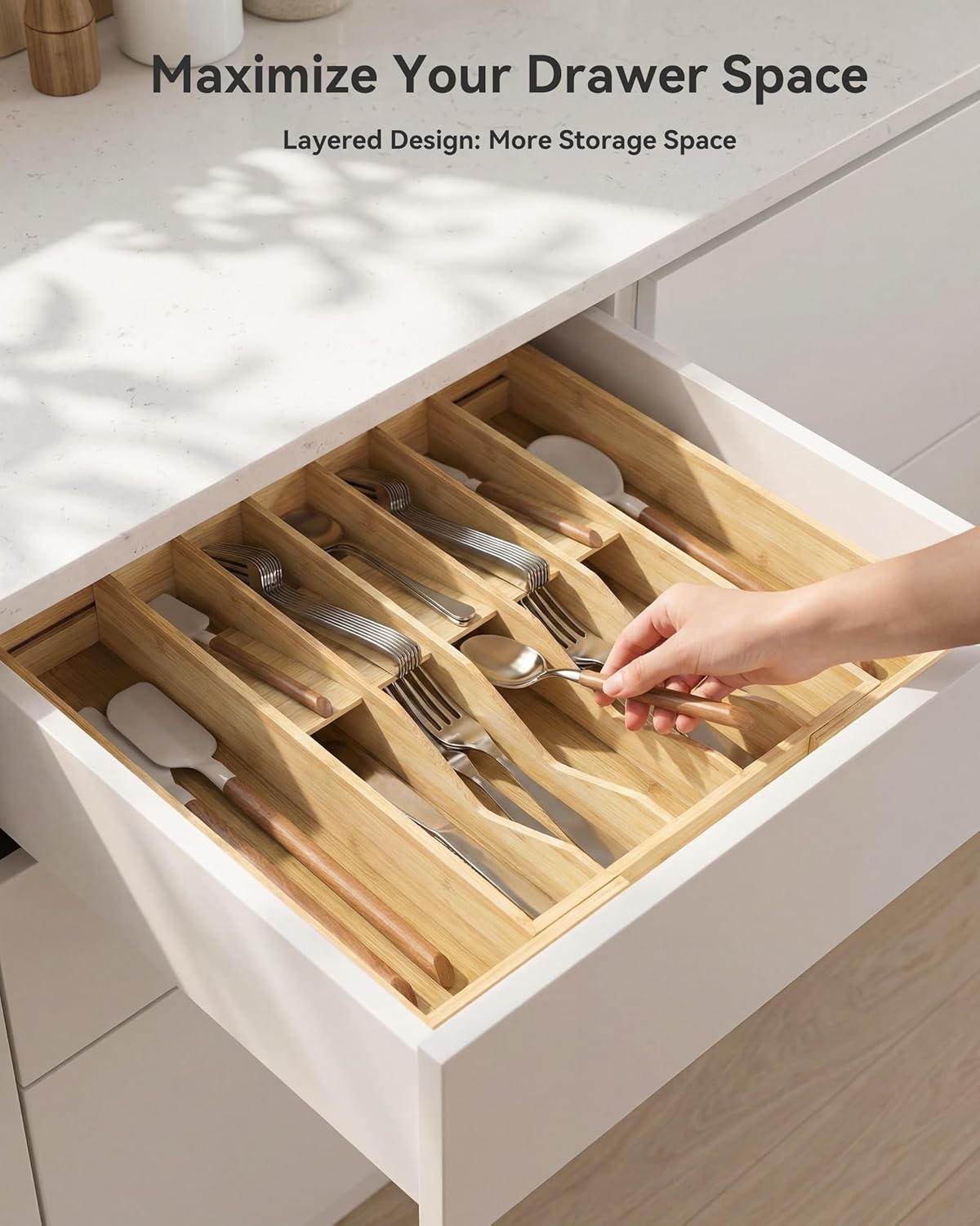Expandable Utensil Drawer Organizer for Silverware,Bamboo 12 Slot | V-Groove & Anti-Slip Blocks, Vertical Storage,16.7" D x 13”-20" Wx 2.56" H, Cutlery Holder Dividers for Spoons Forks Knives