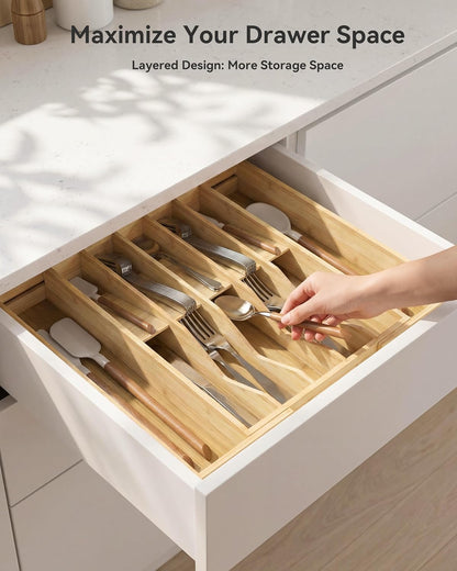 Expandable Utensil Drawer Organizer for Silverware,Bamboo 12 Slot | V-Groove & Anti-Slip Blocks, Vertical Storage,16.7" D x 13”-20" Wx 2.56" H, Cutlery Holder Dividers for Spoons Forks Knives
