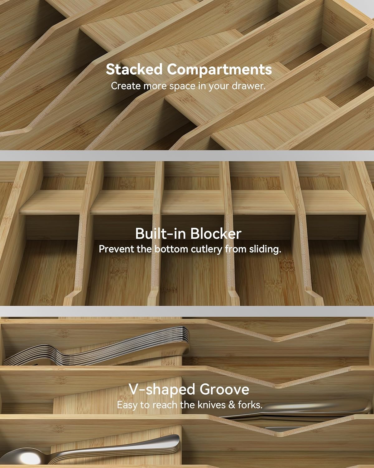Expandable Utensil Drawer Organizer for Silverware,Bamboo 12 Slot | V-Groove & Anti-Slip Blocks, Vertical Storage,16.7" D x 13”-20" Wx 2.56" H, Cutlery Holder Dividers for Spoons Forks Knives