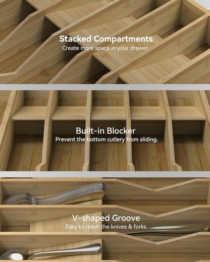 Expandable Utensil Drawer Organizer for Silverware,Bamboo 12 Slot | V-Groove & Anti-Slip Blocks, Vertical Storage,16.7" D x 13”-20" Wx 2.56" H, Cutlery Holder Dividers for Spoons Forks Knives
