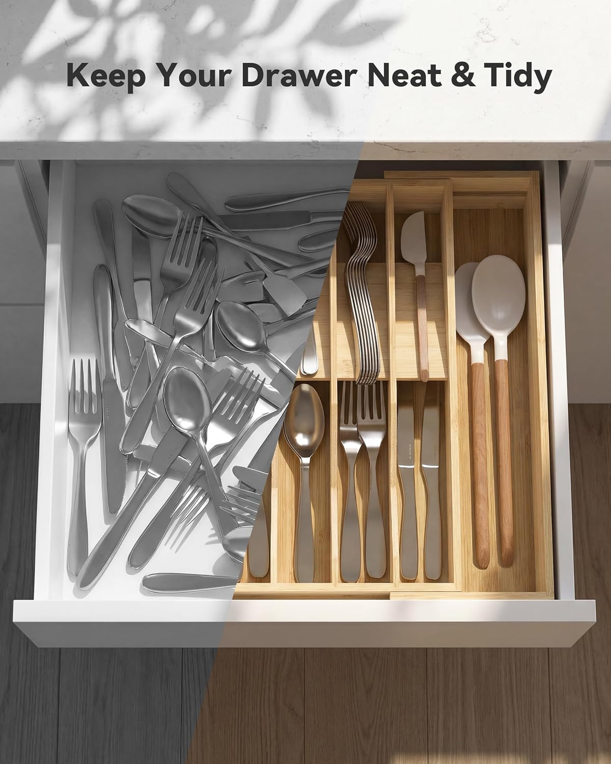 Expandable Utensil Drawer Organizer for Silverware,Bamboo 12 Slot | V-Groove & Anti-Slip Blocks, Vertical Storage,16.7" D x 13”-20" Wx 2.56" H, Cutlery Holder Dividers for Spoons Forks Knives