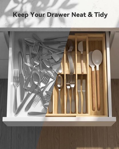Expandable Utensil Drawer Organizer for Silverware,Bamboo 12 Slot | V-Groove & Anti-Slip Blocks, Vertical Storage,16.7" D x 13”-20" Wx 2.56" H, Cutlery Holder Dividers for Spoons Forks Knives
