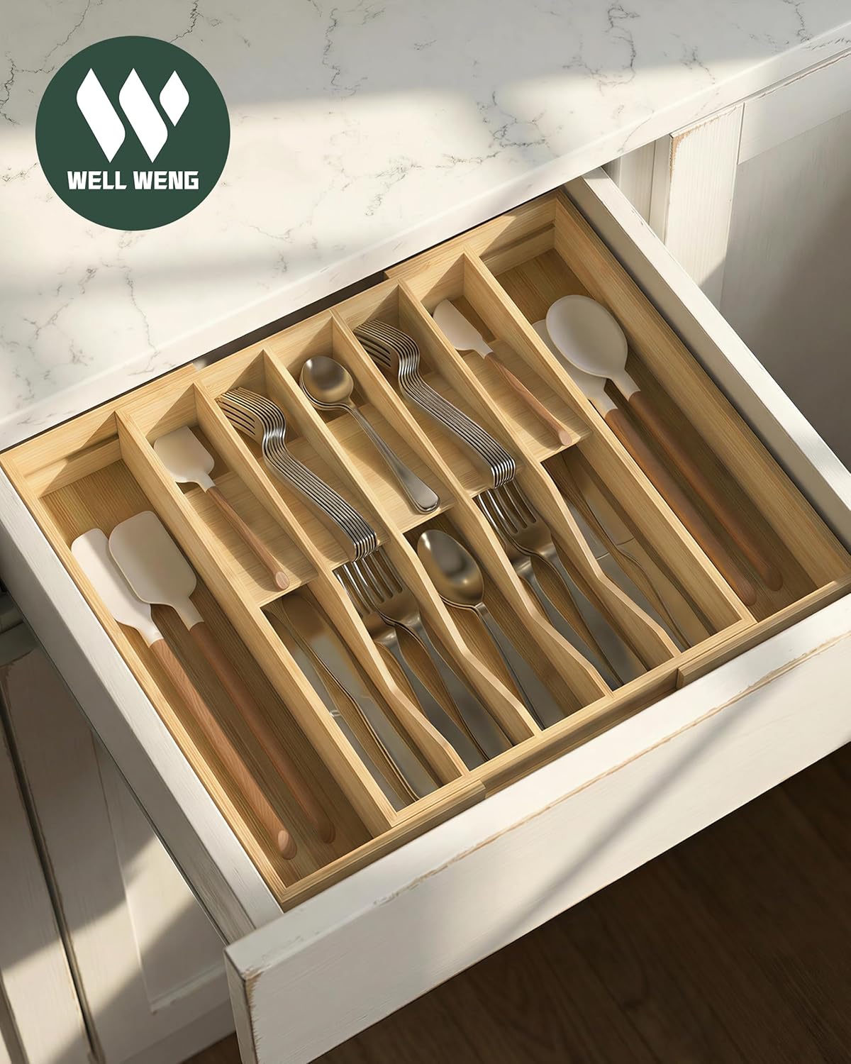 Expandable Utensil Drawer Organizer for Silverware,Bamboo 12 Slot | V-Groove & Anti-Slip Blocks, Vertical Storage,16.7" D x 13”-20" Wx 2.56" H, Cutlery Holder Dividers for Spoons Forks Knives