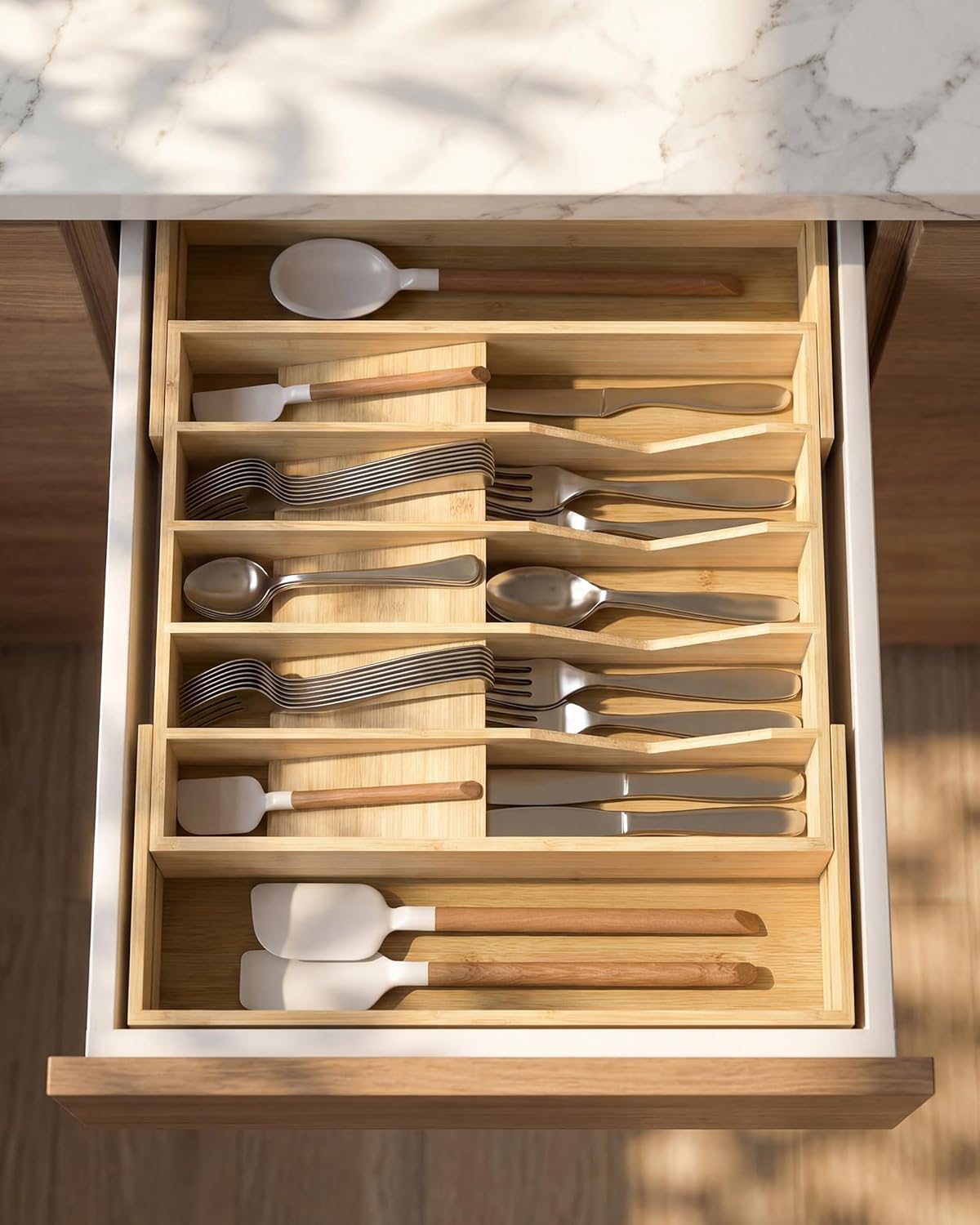 Expandable Utensil Drawer Organizer for Silverware,Bamboo 12 Slot | V-Groove & Anti-Slip Blocks, Vertical Storage,16.7" D x 13”-20" Wx 2.56" H, Cutlery Holder Dividers for Spoons Forks Knives