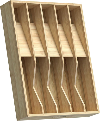 Expandable Utensil Drawer Organizer for Silverware,Bamboo 12 Slot | V-Groove & Anti-Slip Blocks, Vertical Storage,16.7" D x 13”-20" Wx 2.56" H, Cutlery Holder Dividers for Spoons Forks Knives