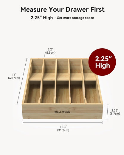 Expandable Utensil Drawer Organizer for Silverware,Bamboo 12 Slot | V-Groove & Anti-Slip Blocks, Vertical Storage,16.7" D x 13”-20" Wx 2.56" H, Cutlery Holder Dividers for Spoons Forks Knives