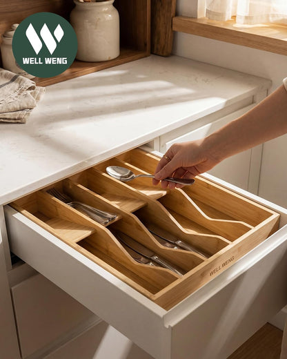 Expandable Utensil Drawer Organizer for Silverware,Bamboo 12 Slot | V-Groove & Anti-Slip Blocks, Vertical Storage,16.7" D x 13”-20" Wx 2.56" H, Cutlery Holder Dividers for Spoons Forks Knives