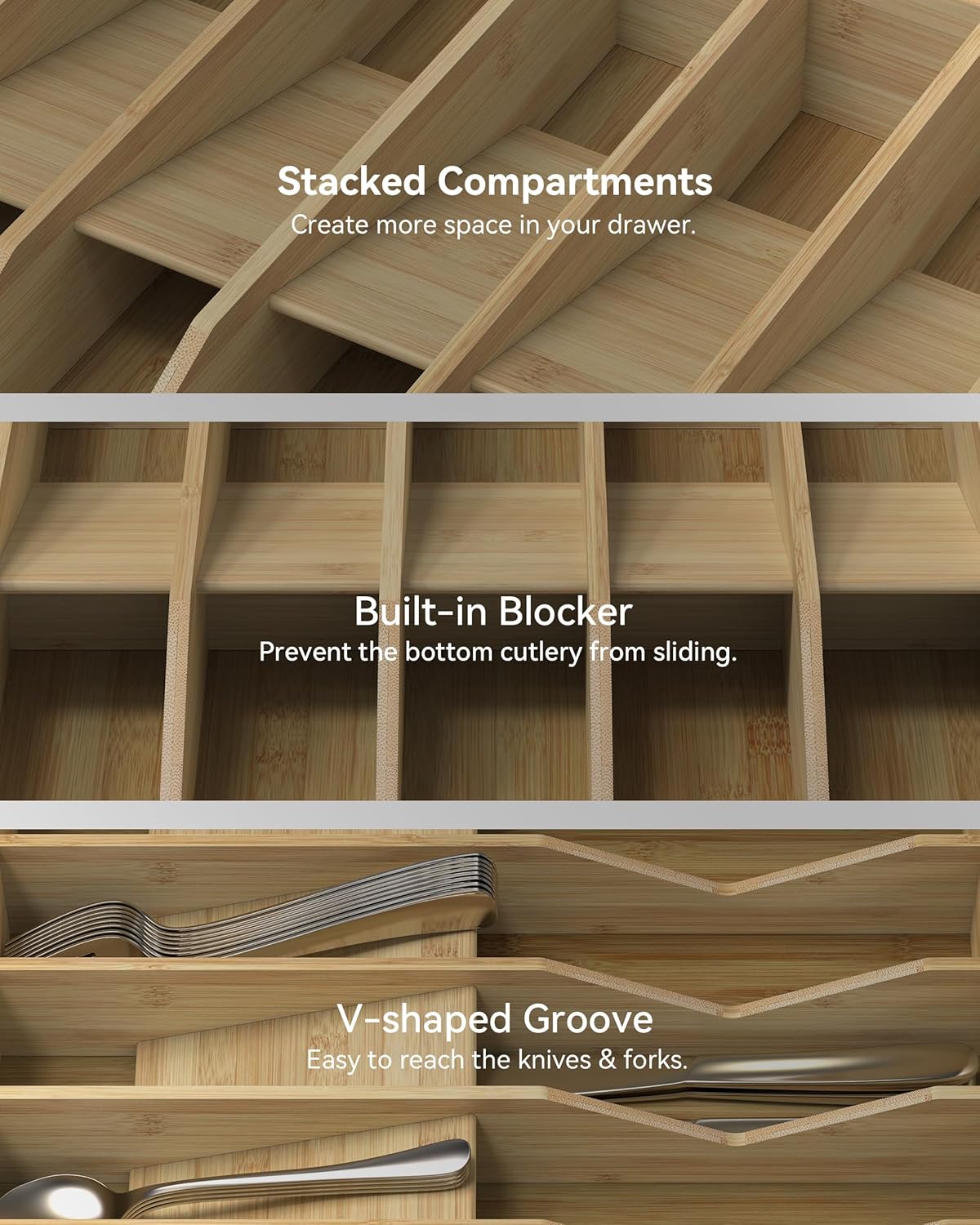 Expandable Utensil Drawer Organizer for Silverware,Bamboo 12 Slot | V-Groove & Anti-Slip Blocks, Vertical Storage,16.7" D x 13”-20" Wx 2.56" H, Cutlery Holder Dividers for Spoons Forks Knives