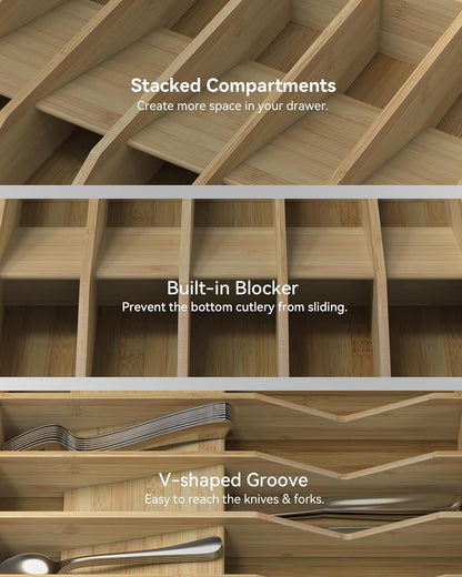Expandable Utensil Drawer Organizer for Silverware,Bamboo 12 Slot | V-Groove & Anti-Slip Blocks, Vertical Storage,16.7" D x 13”-20" Wx 2.56" H, Cutlery Holder Dividers for Spoons Forks Knives